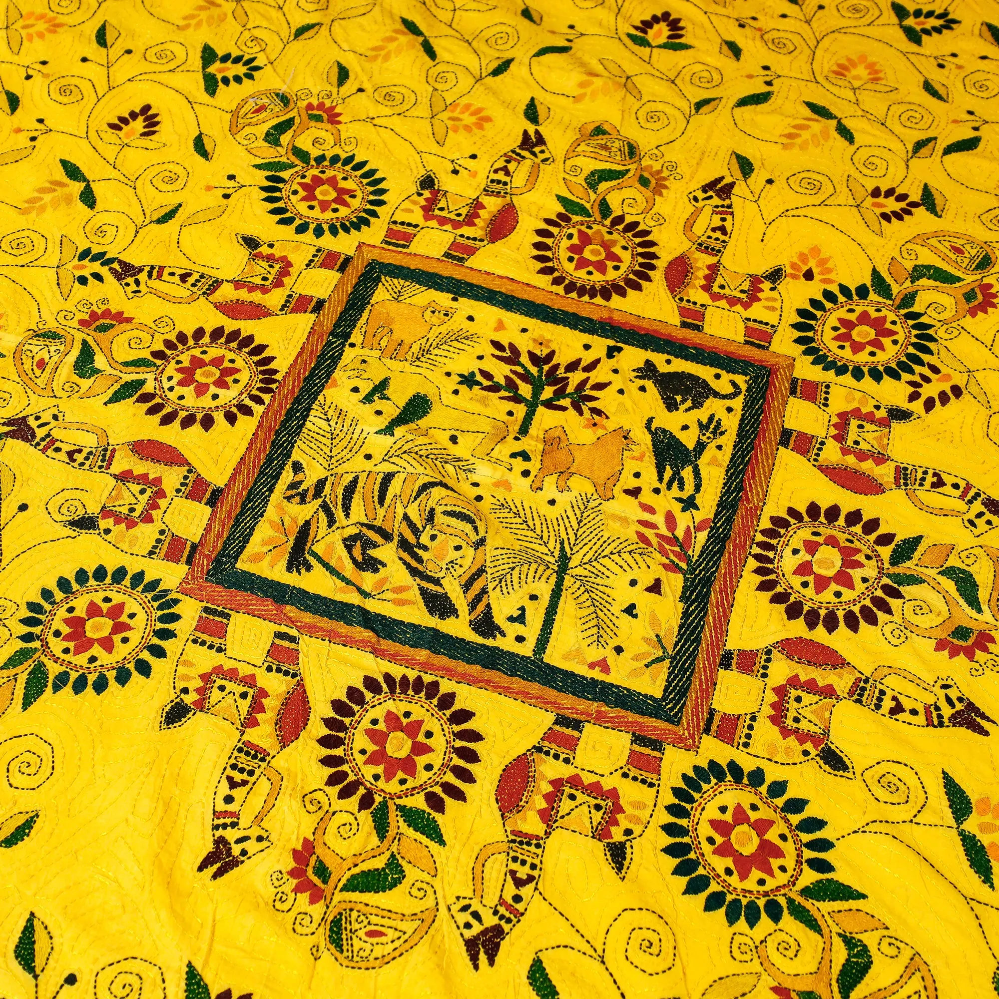 Yellow - Bengal Kantha Embroidered Cotton Single Bed Cover (119 x 69 in) 01