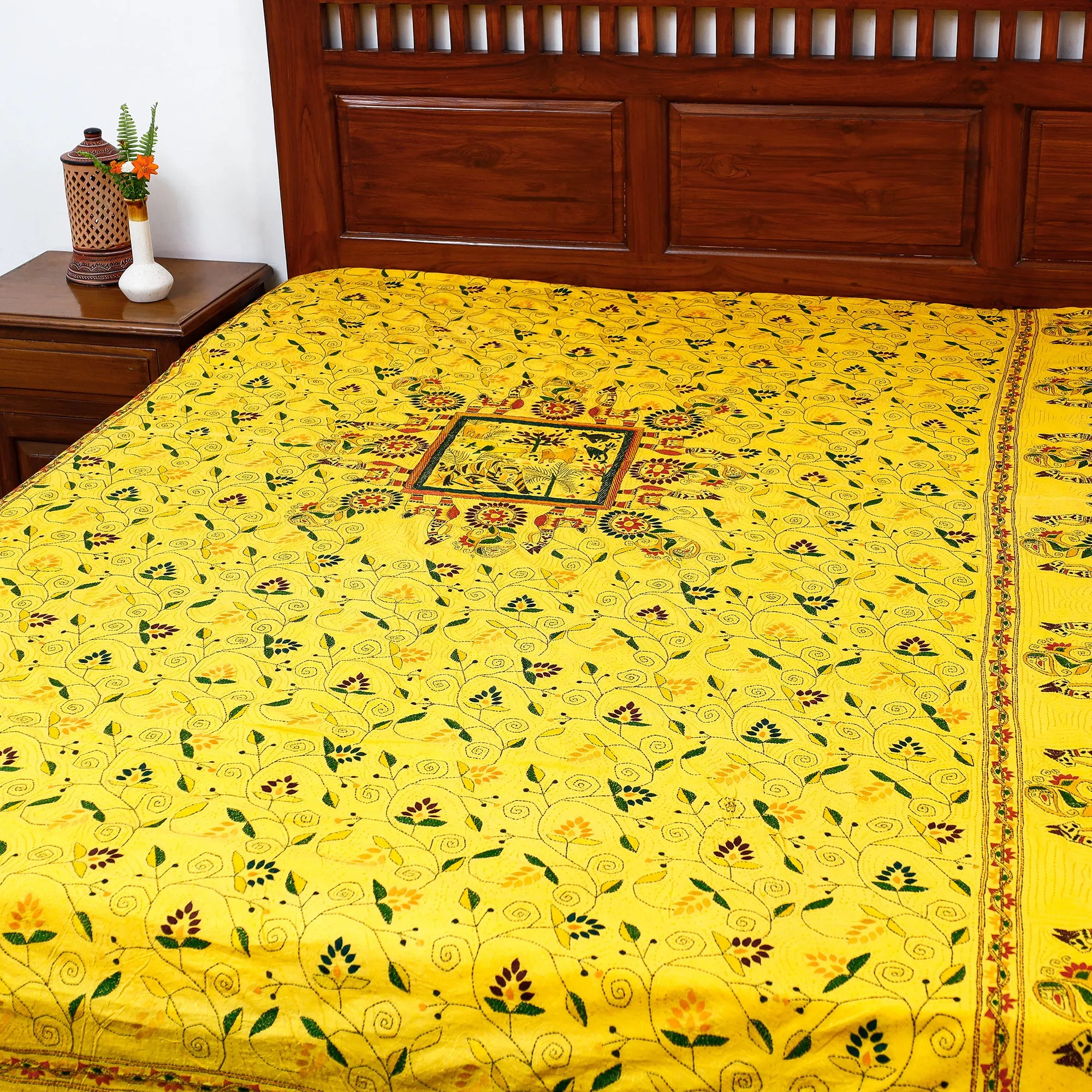 Yellow - Bengal Kantha Embroidered Cotton Single Bed Cover (119 x 69 in) 01