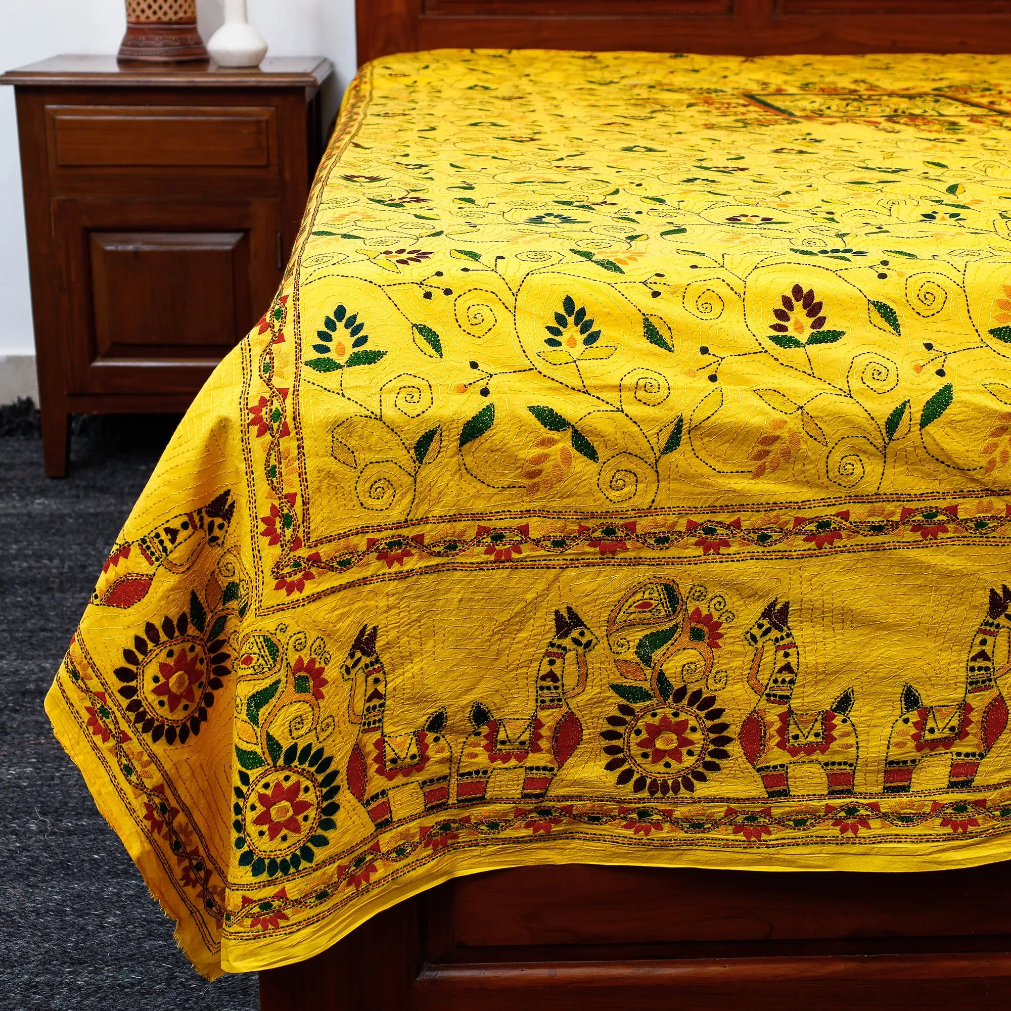 Yellow - Bengal Kantha Embroidered Cotton Single Bed Cover (119 x 69 in) 01
