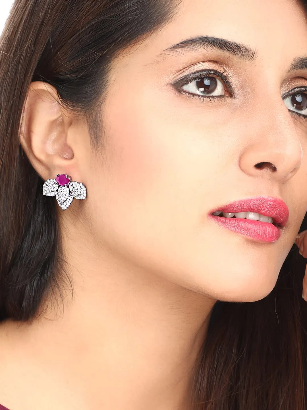 Yellow Chimes Classic AD/American Diamond Studded Black Rhodium Plated Pink Flower Stud Earrings for Women and Girls, Medium