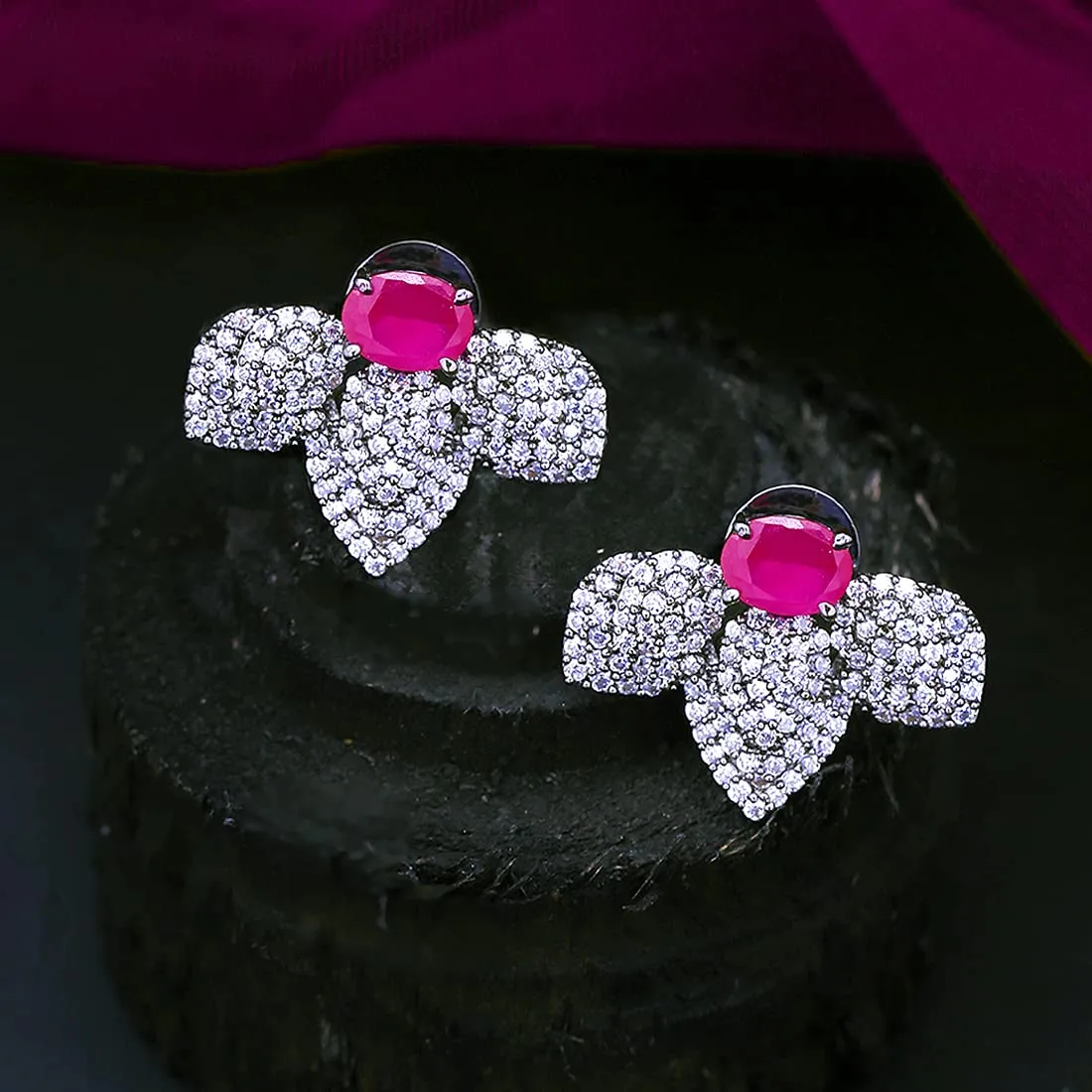 Yellow Chimes Classic AD/American Diamond Studded Black Rhodium Plated Pink Flower Stud Earrings for Women and Girls, Medium