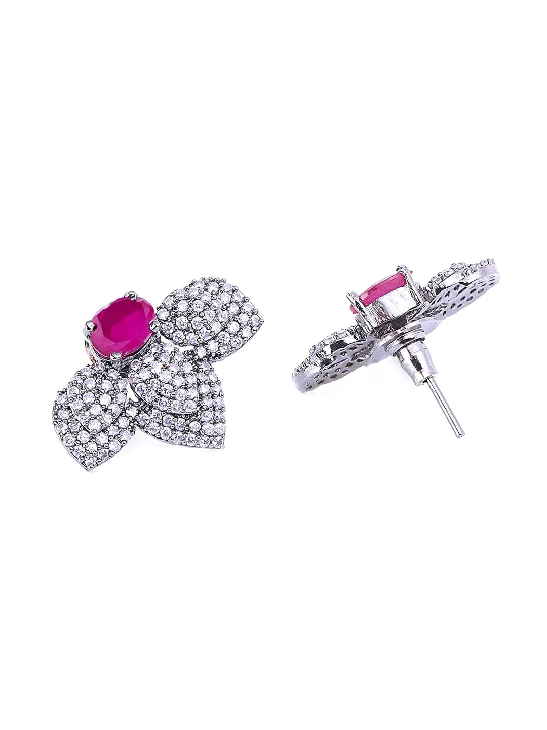 Yellow Chimes Classic AD/American Diamond Studded Black Rhodium Plated Pink Flower Stud Earrings for Women and Girls, Medium