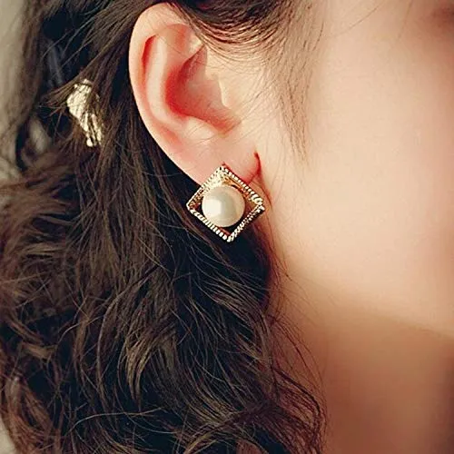 Yellow Chimes Classic Design Multilayer Square With Studded Pearl Gold Plated Designer Stud Earrings For Women And Girl's