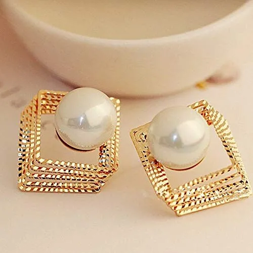 Yellow Chimes Classic Design Multilayer Square With Studded Pearl Gold Plated Designer Stud Earrings For Women And Girl's