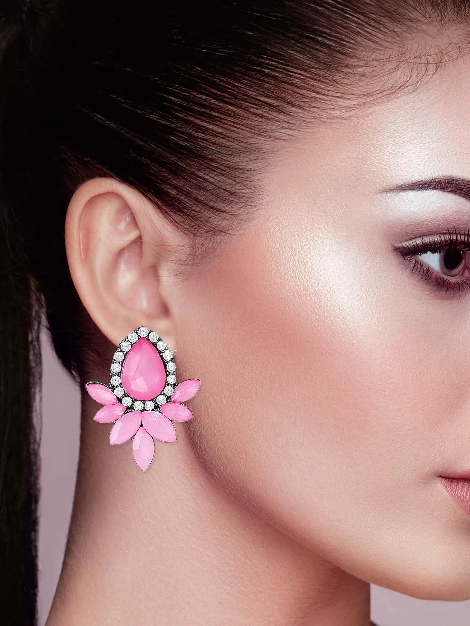 Yellow Chimes Sparkling Leafs Pink Shiny Flower Crystal Copper Stud Earrings for Women and Girls