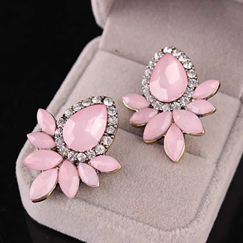 Yellow Chimes Sparkling Leafs Pink Shiny Flower Crystal Copper Stud Earrings for Women and Girls