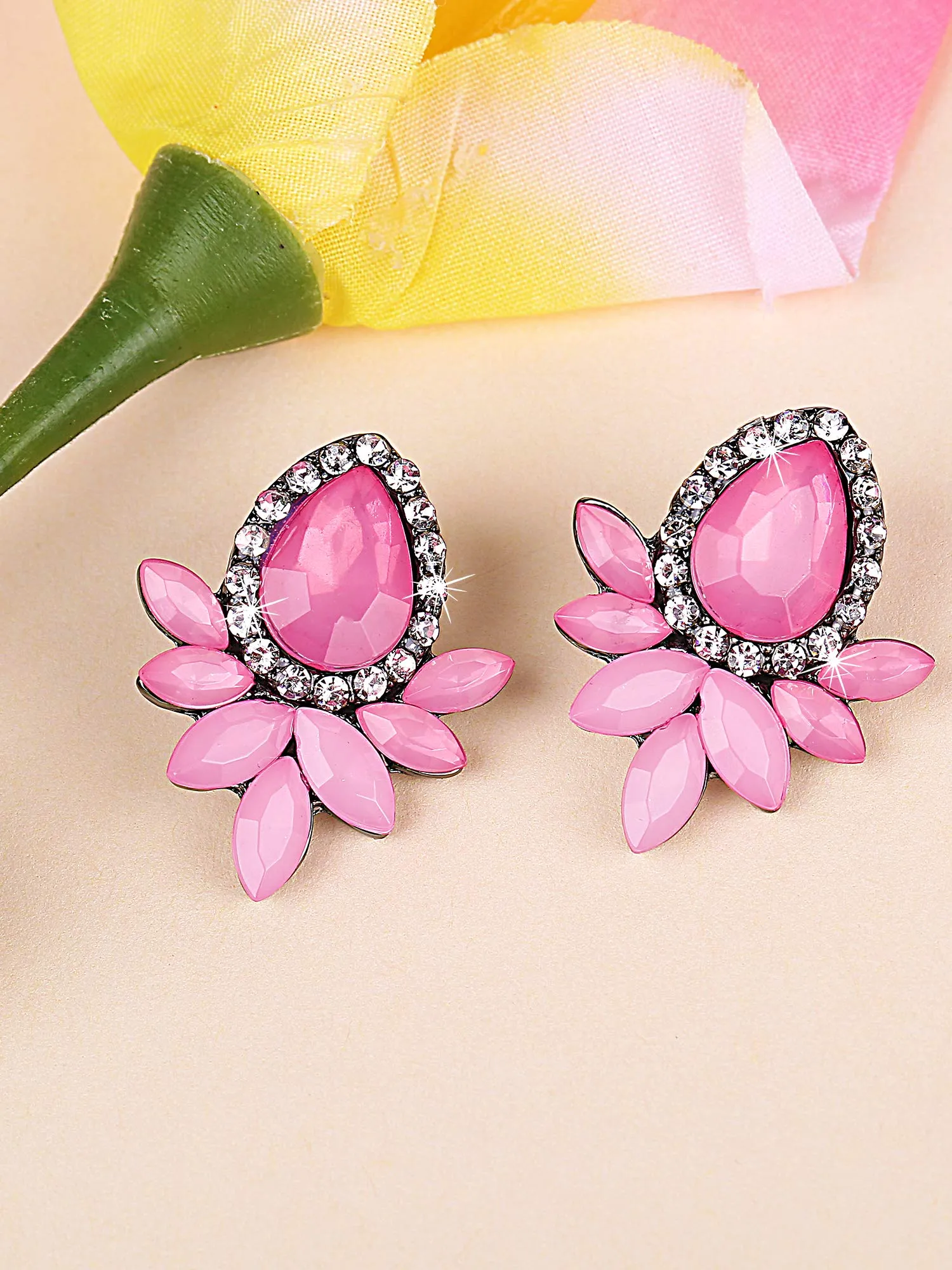 Yellow Chimes Sparkling Leafs Pink Shiny Flower Crystal Copper Stud Earrings for Women and Girls