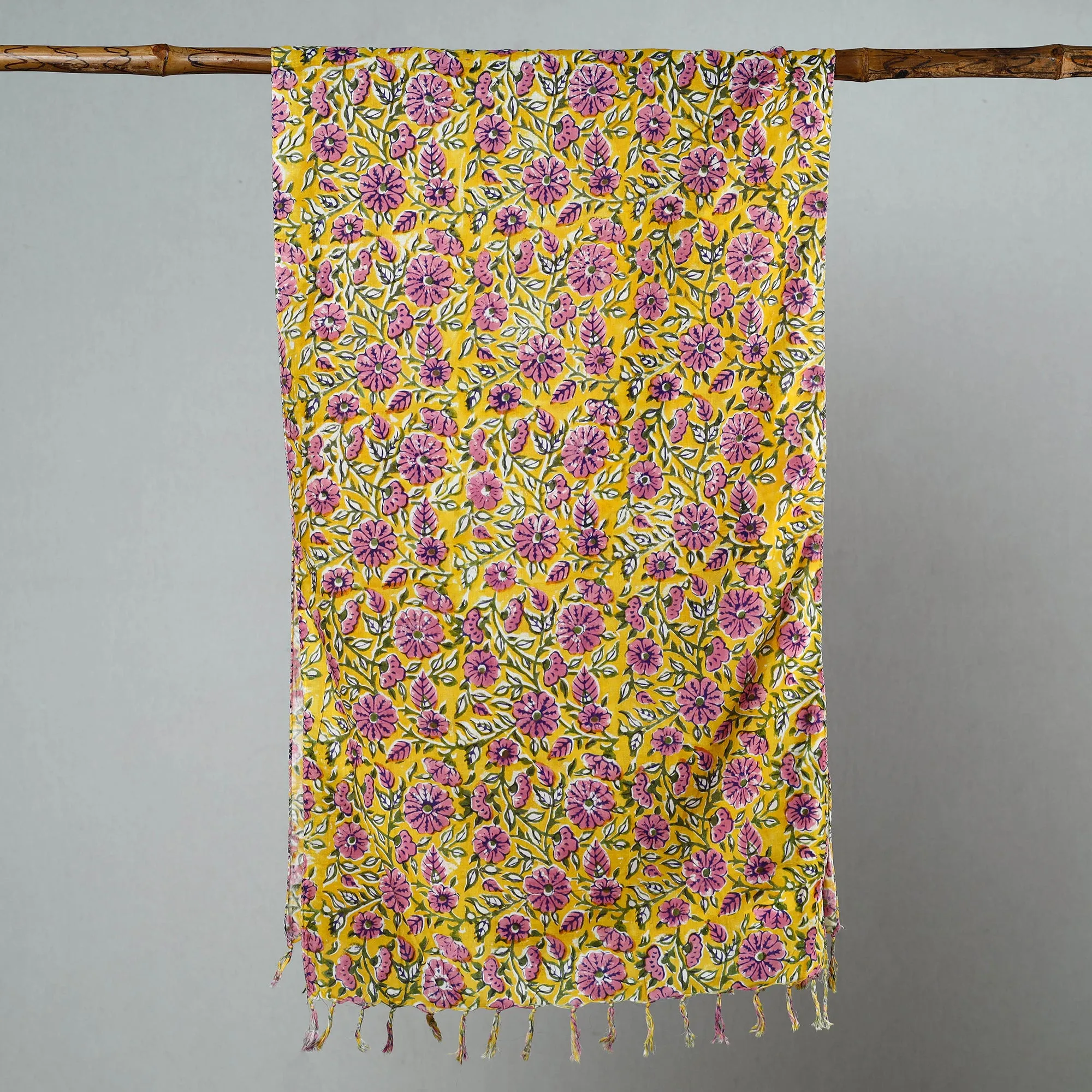 Yellow - Sanganeri Block Printed Cotton Stole with Tassels 64